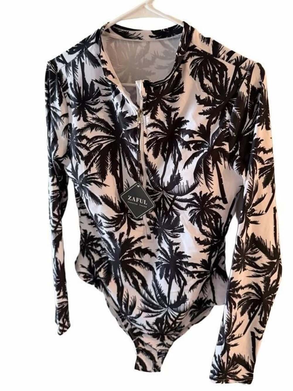 Zip Up Palm Tree Long Sleeve Swimsuit XL